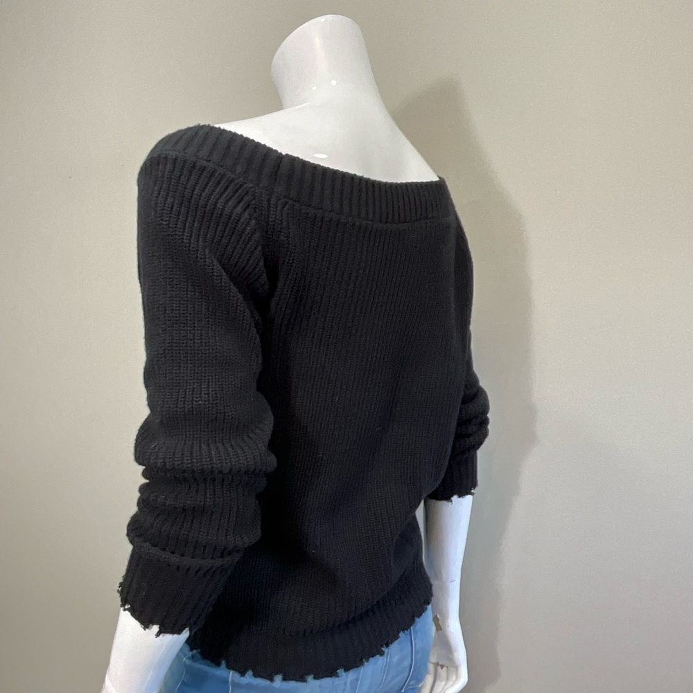 MINNIE ROSE Distressed Ribbed Off Shoulder Sweater Black XS - Picture 2 of 4